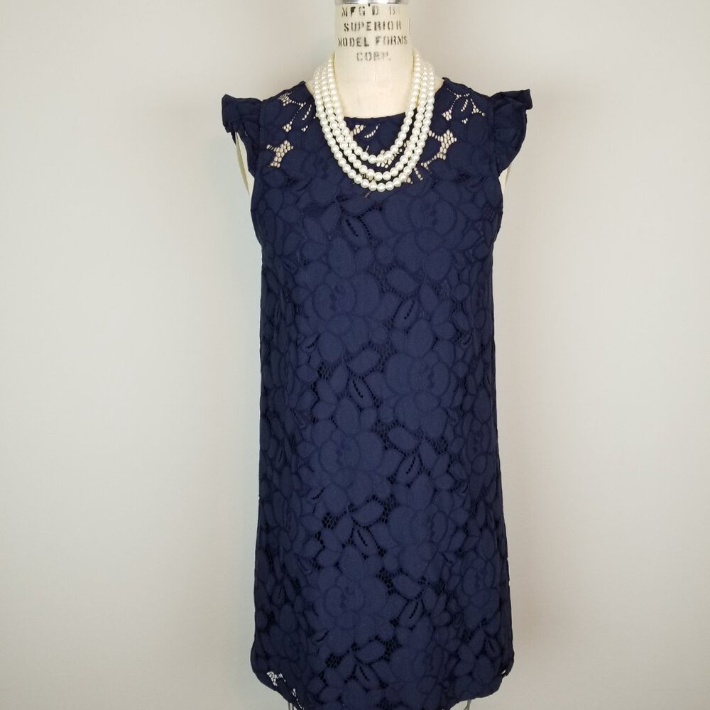 Monteau Navy Blue Lace Sheath Dress with Flutter Sleeves Women's Size Small NEW